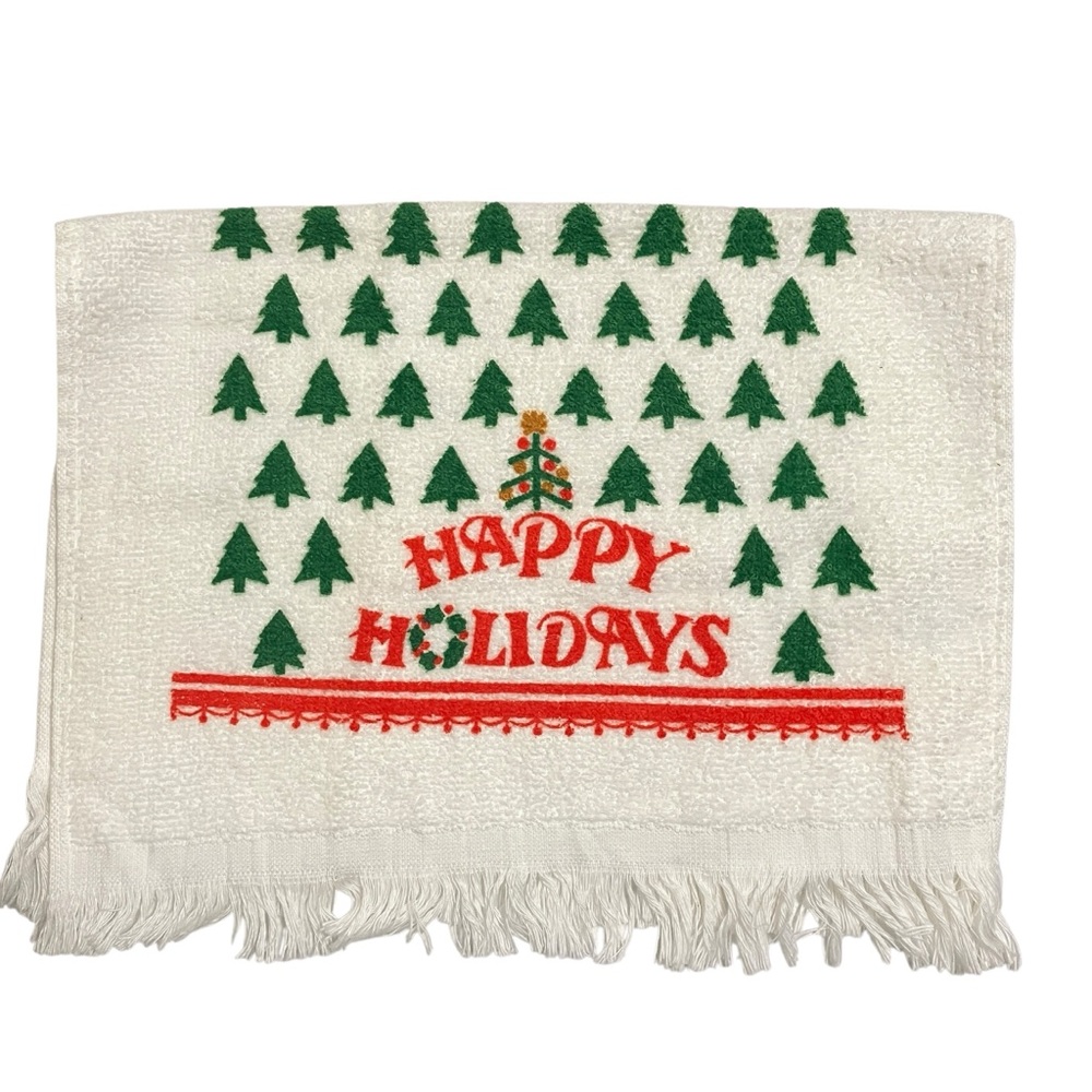 Vintage HBI Happy Holidays Christmas Tree Fringe Hand Towel Made in USA